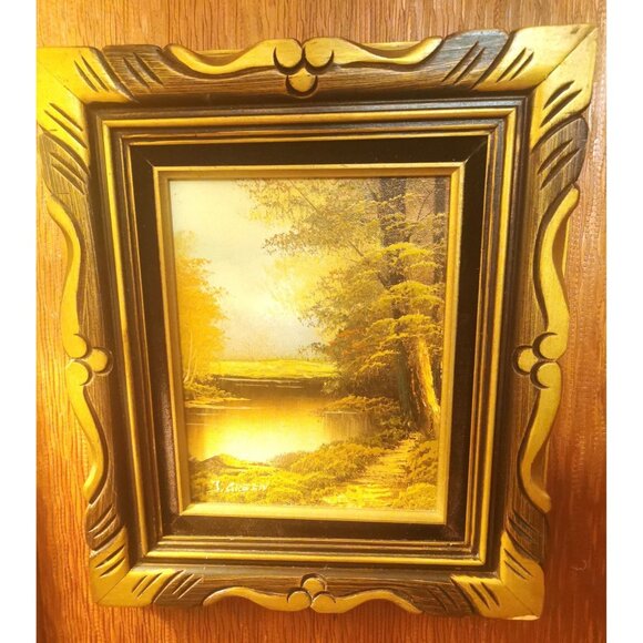 Oil Painting Signed J. Green Guilded Wood Frame Black Velvet Trim Vintage 1950s - Picture 3 of 8